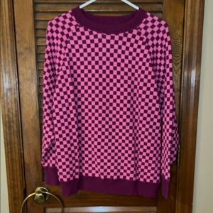 Vibrant Pink and Purple Checkered Crew Neck Sweater